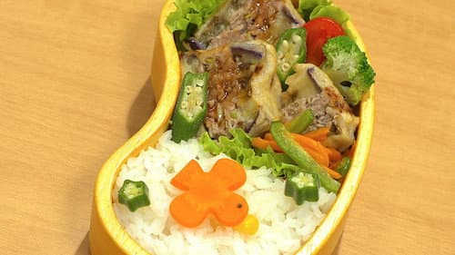 Miso-butter Salmon Bento & Fried Stuffed Nasu Bento still