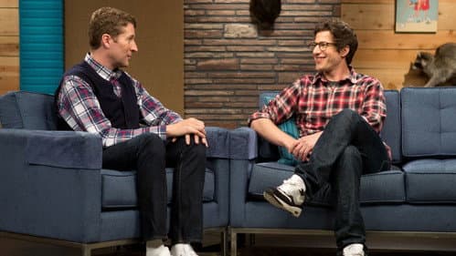 Andy Samberg Wears a Plaid Shirt & Glasses still