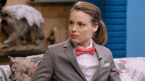 Gillian Jacobs Wears a Gray Checkered Suit and a Red Bow Tie still